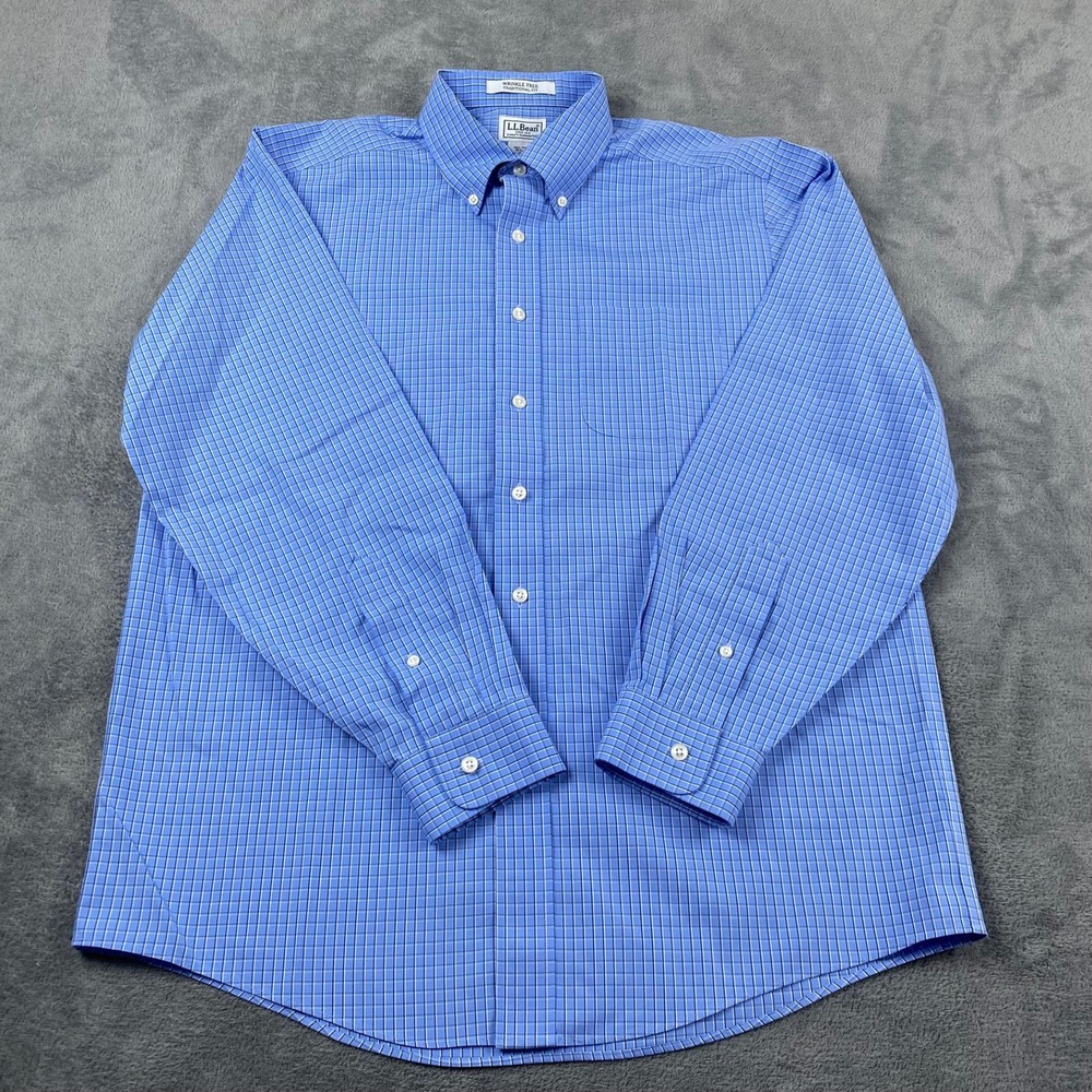 L.L. Bean Mens 15.5-34 Shirt Blue Check Wrinkle Free Traditional Fit Cotton